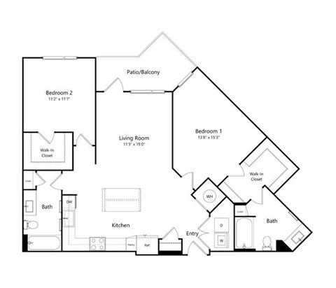 A black and white floor plan of a house with two bedrooms, a living room, a kitchen, and a bathroom.